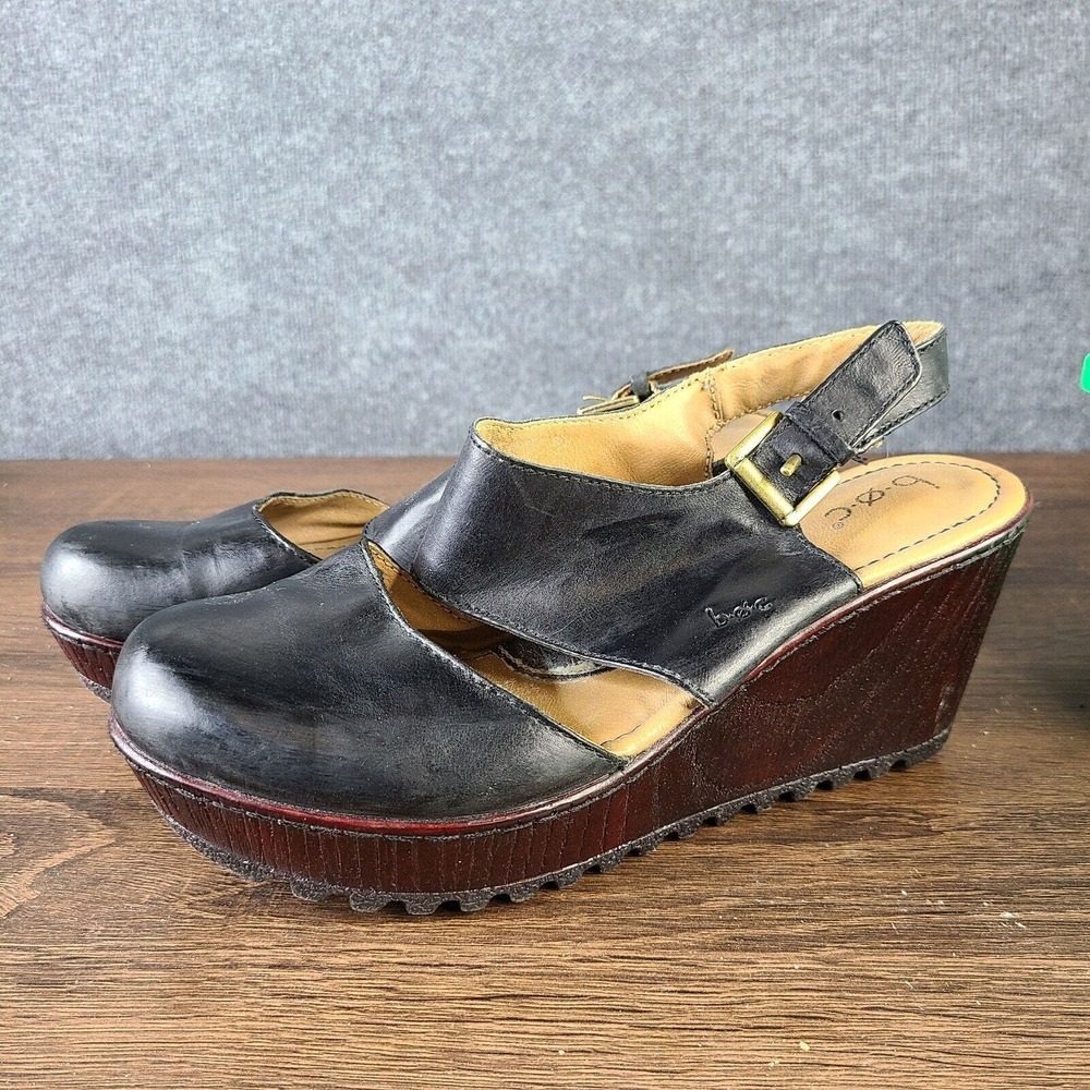 Born BOC Leather Clogs Womens 9 M Black Round Toe Slingback Rina Wedge